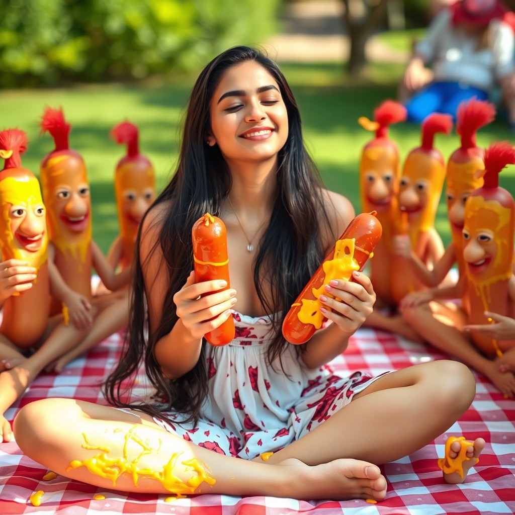 A hot Pakistani 18-year-old girl sitting criss cross, smiling with her eyes closed