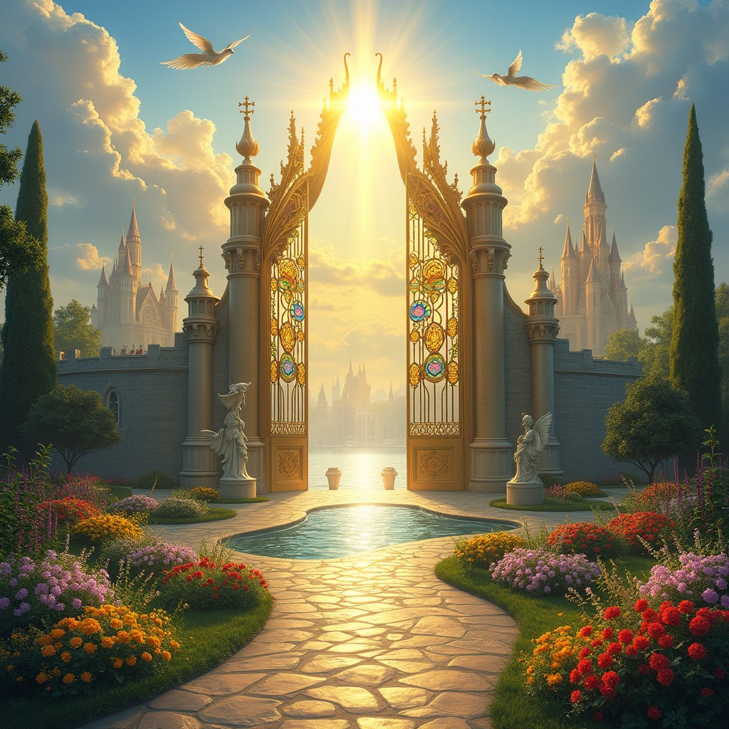A beautiful and ethereal representation of the Beloved Kingdom of God, featuring golden gates that sparkle under the warm light of a radiant sun