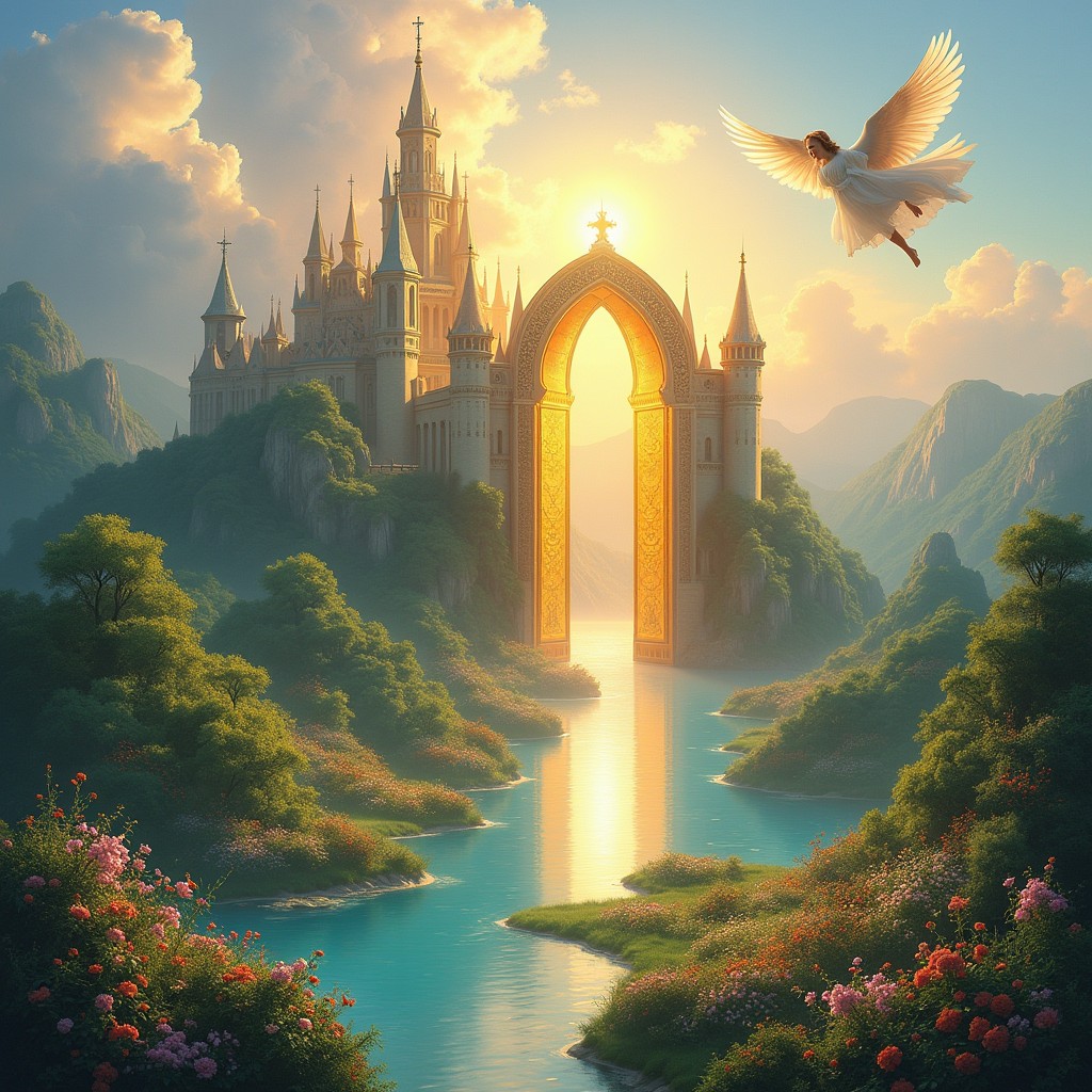 A stunning visual of the Beloved Kingdom of God, showcasing majestic golden gates glowing under the divine sunlight