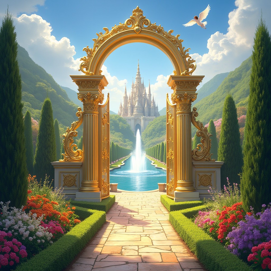An enchanting depiction of the Beloved Kingdom of God, illustrated with magnificent golden gates that shine brilliantly in the sunlight