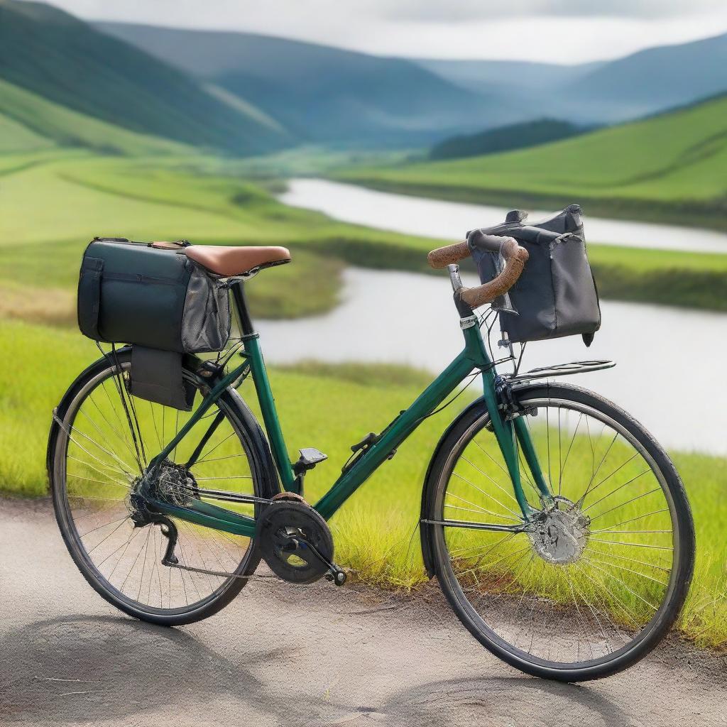 A high-quality detailed touring bicycle with sturdy frame, suspension fork, comfortable seat, and panniers mounted on a rear rack, standing on a scenic countryside road.