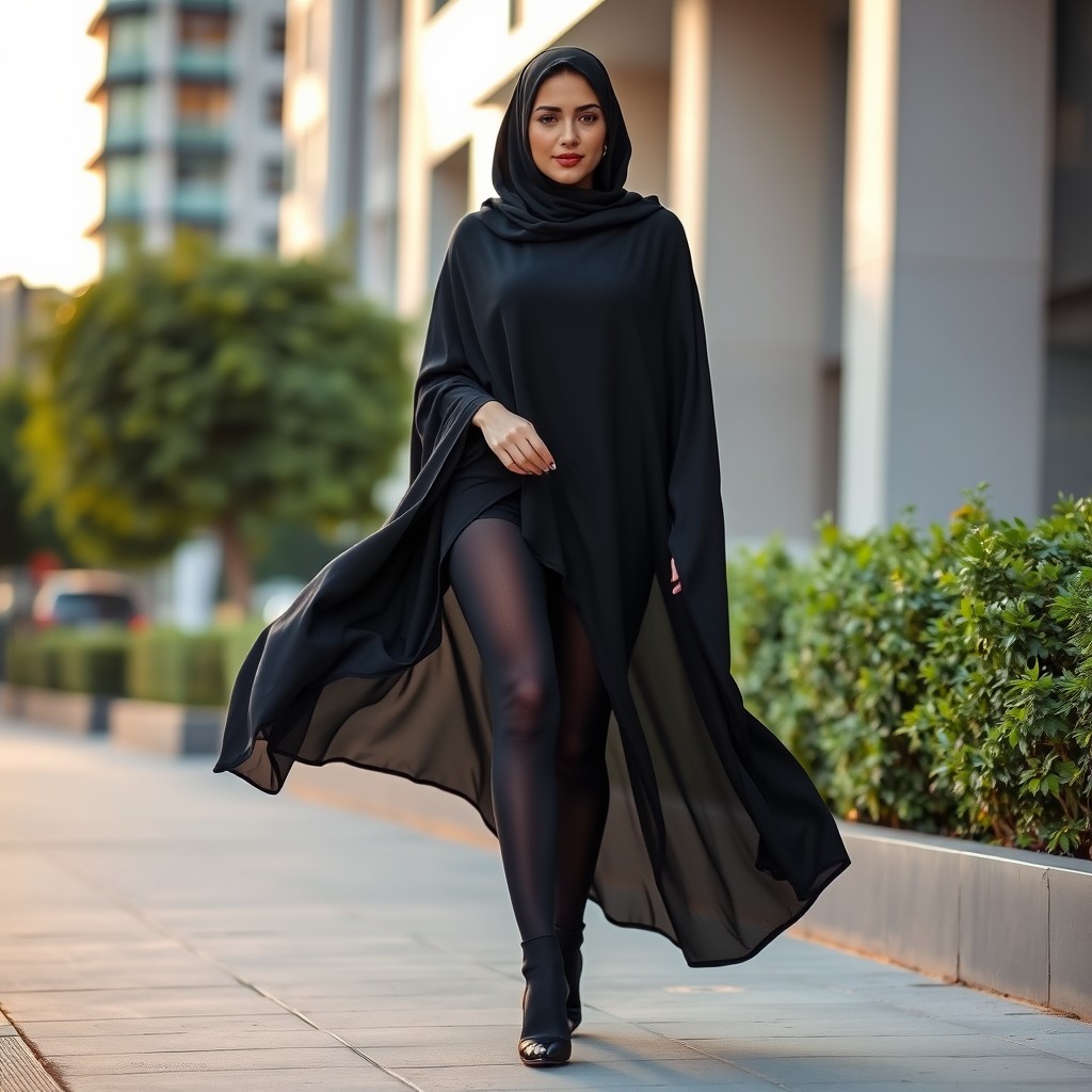 A stylish young woman in a black chador that envelops her entire body, adorned with elegant black tights and chic black high heels