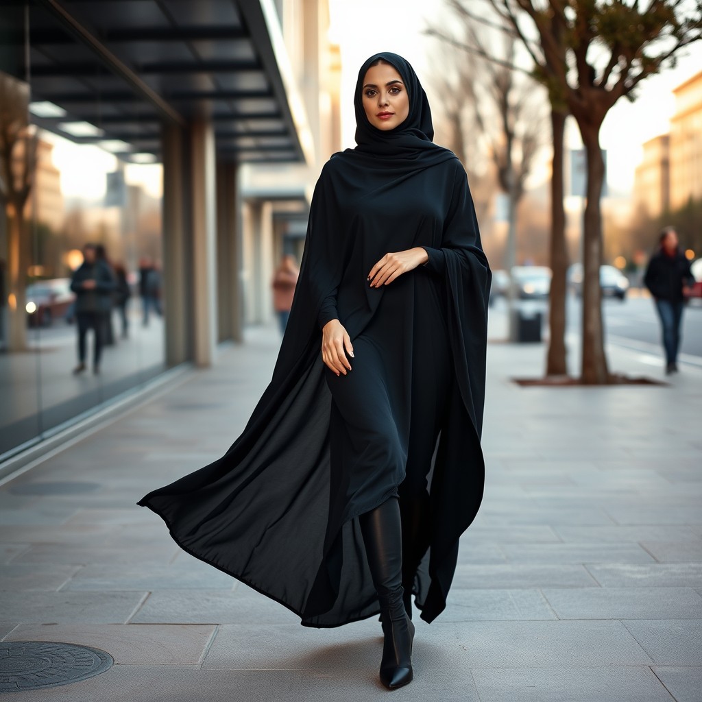 A fashionable young woman dressed in a black chador that completely covers her figure, paired with sleek black tights and stylish black high heels