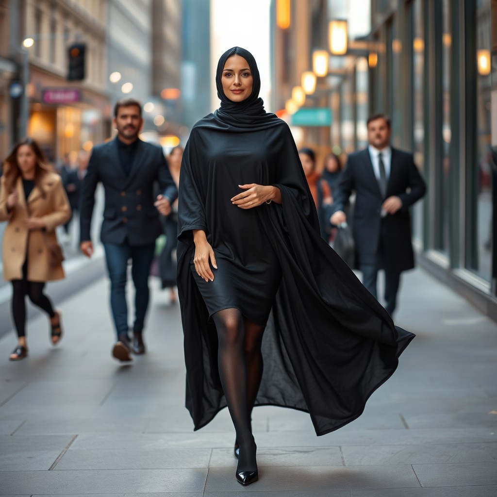 A sophisticated woman in a black chador that fully covers her body, complemented by elegant black tights and stylish black high heels
