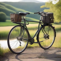 A high-quality detailed touring bicycle with sturdy frame, suspension fork, comfortable seat, and panniers mounted on a rear rack, standing on a scenic countryside road.