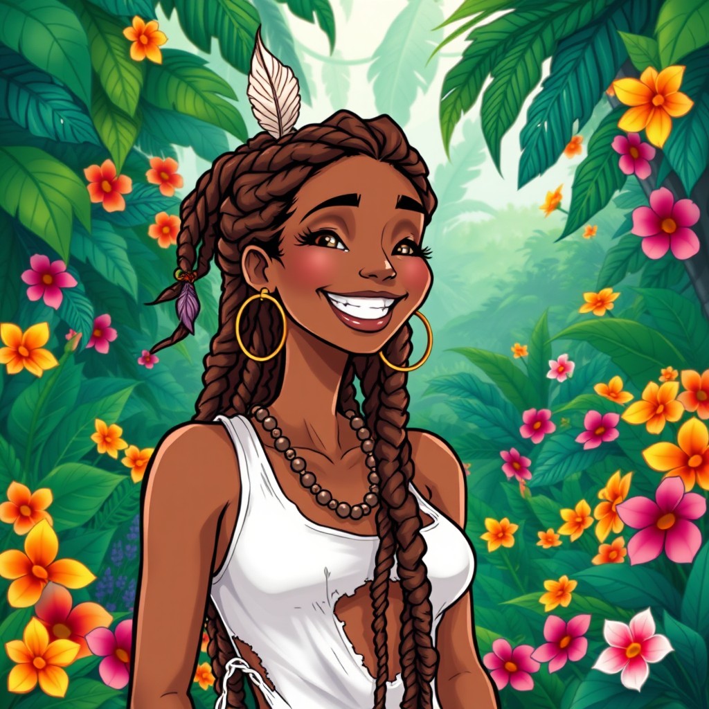 A vibrant, colorful illustration of a smiling woman with long, brown dreadlocks adorned with beads and a feather