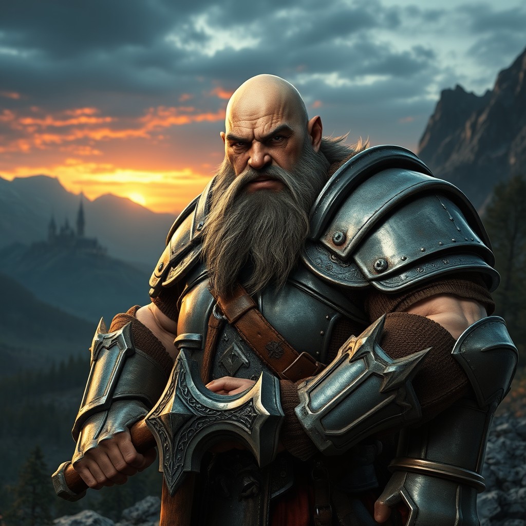 A powerful dwarf with a bald head, clad in shiny steel armor reminiscent of the styles seen in the game Skyrim