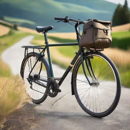 A high-quality detailed touring bicycle with sturdy frame, suspension fork, comfortable seat, and panniers mounted on a rear rack, standing on a scenic countryside road.