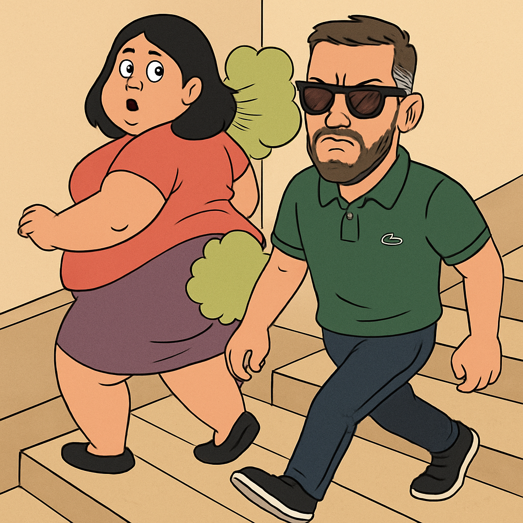 can you make this person look like a cartoon while walking up a set of stairs with a fat woman who is farting in his face