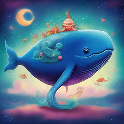 A massive whale wearing a whimsical dragon costume, residing in a dreamy, surrealistic and spiritual universe.