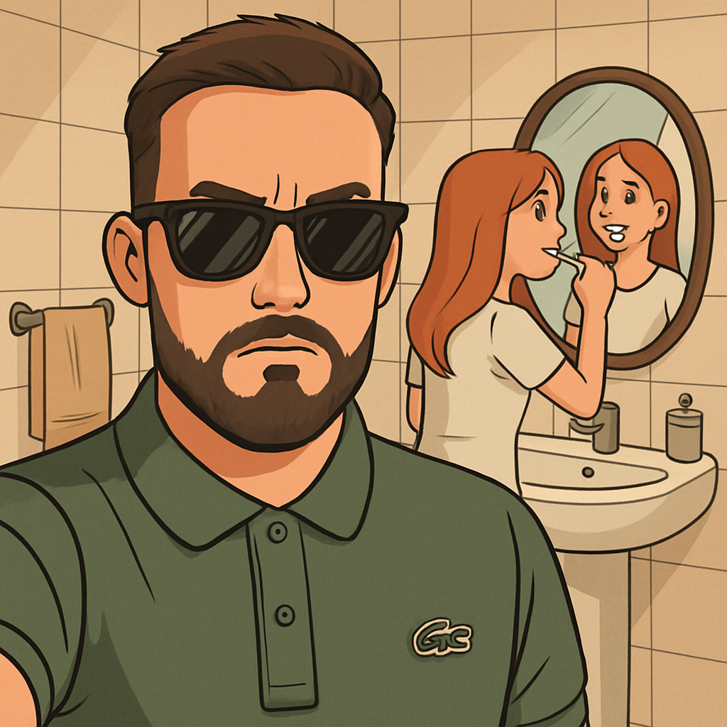 can you make this person a cartoon with a women in the bathroom