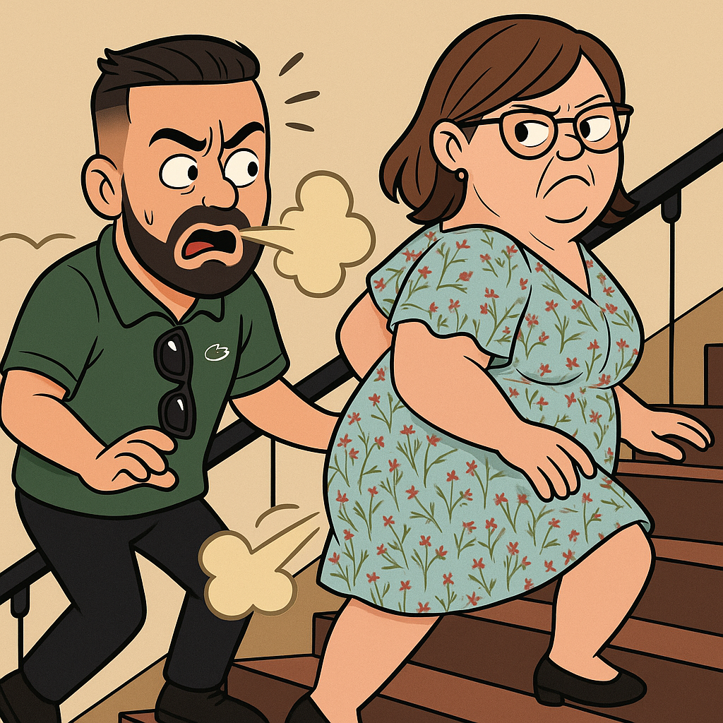 can you make this man and woman look like a cartoon while walking up a set of stairs with the fat woman who is farting in his face