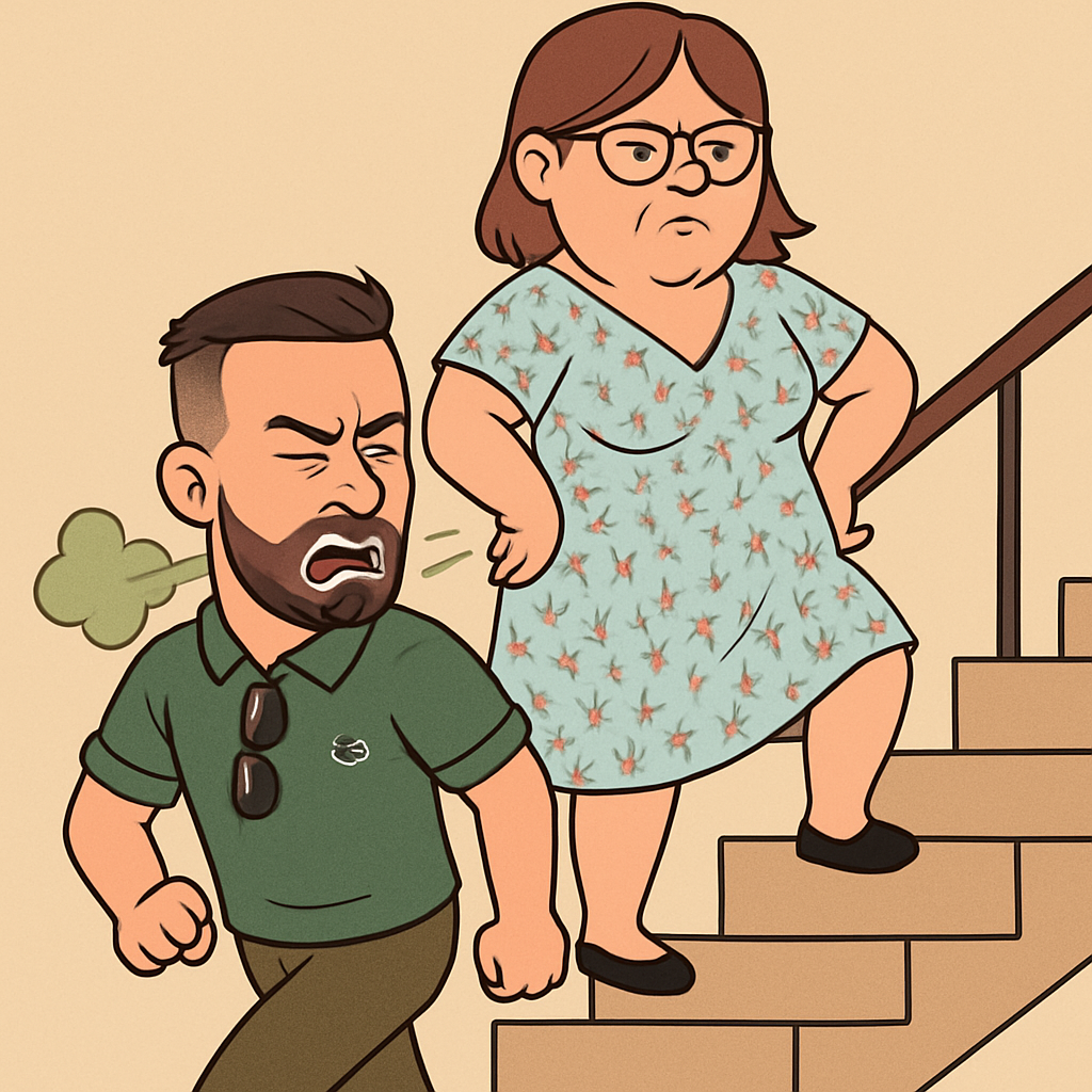 can you make this man and woman look like a cartoon while walking up a set of stairs with the fat woman who is farting in his face and poy her higher up the stairs