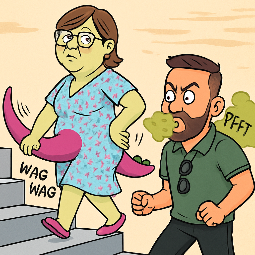 can you make this man and woman look like a cartoon while walking up a set of stairs ans she is wagging her tail like barney the dinosaur with the fat woman farting in his face and put her higher up the stairs