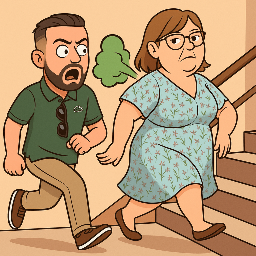 can you make this man and woman look like a cartoon while walking up a set of stairs with the fat woman who is farting in his face without him an enjoyable reaction