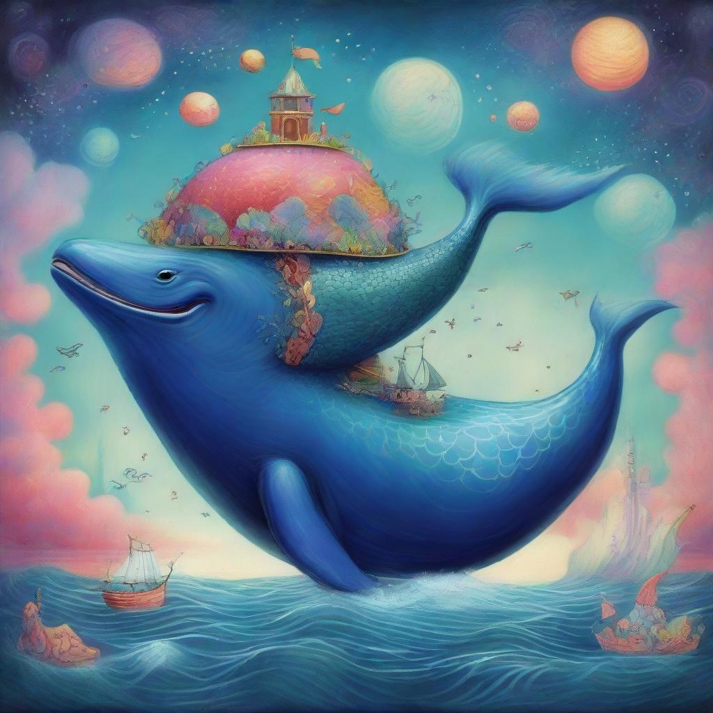 A massive whale wearing a whimsical dragon costume, residing in a dreamy, surrealistic and spiritual universe.