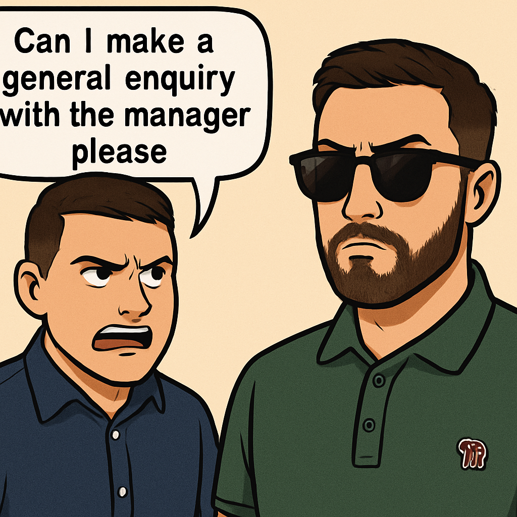 in high resolution cartoon image, can we make the gentleman on the left look angry making a speech bubble saying "can i make a general enquiry with the manger please" make bothen men the same height