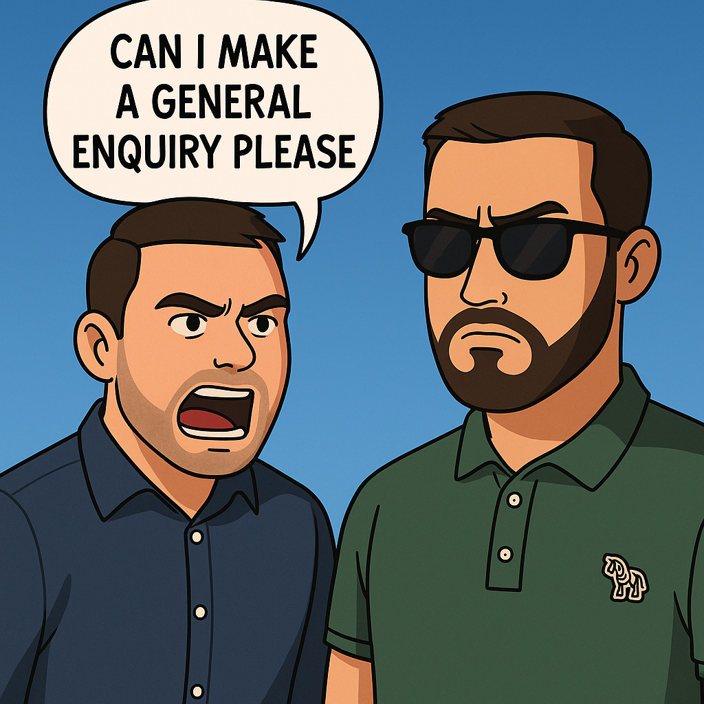 in high resolution cartoon image, can we make the gentleman on the left look angry making a speech bubble saying "can i make a general enquiry please" make both men the same height