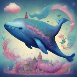 A massive whale wearing a whimsical dragon costume, residing in a dreamy, surrealistic and spiritual universe.