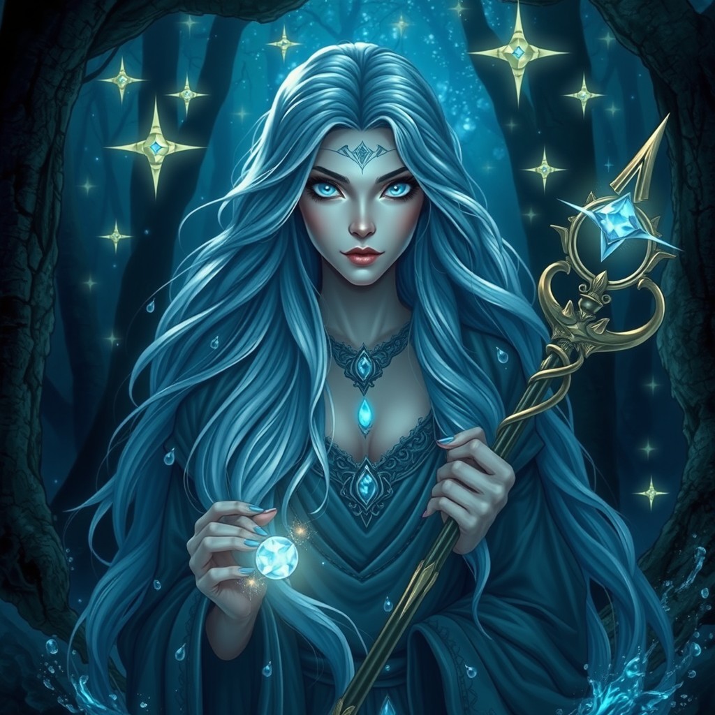 A female water genasi druid from the Circle of Stars, showcasing her long flowing hair that resembles ocean waves and striking blue eyes like the deep sea