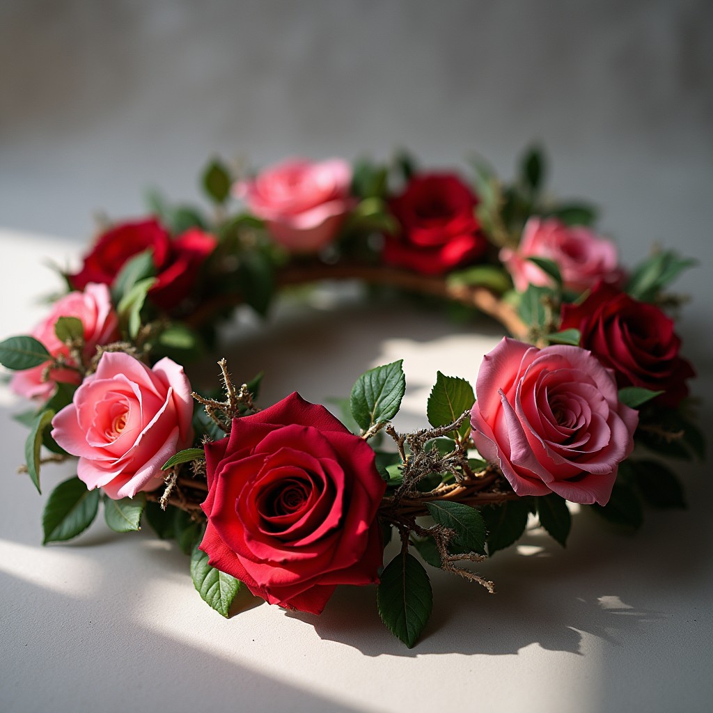 A striking and intricate arrangement of a crown made from intertwining thorns and vibrant roses, showcasing a mix of deep reds, soft pinks, and lush greens