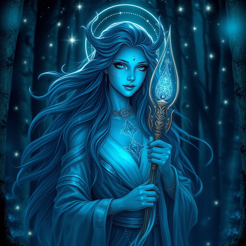 A female water genasi druid from the Circle of Stars, depicted with long flowing hair that resembles waves of water, blue skin that glows softly, and captivating blue eyes like the ocean depths