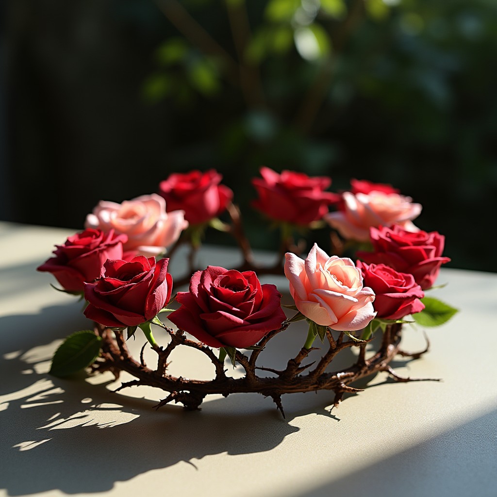 An exquisite crown crafted from delicate thorn branches intertwined with rich, blooming roses in various shades of red and pink