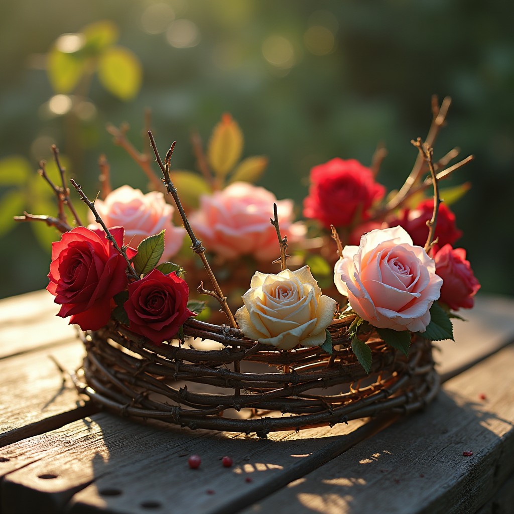 An enchanting crown composed of intricately woven thorn branches, adorned with a profusion of lush, blooming roses in shades of crimson, blush pink, and soft ivory