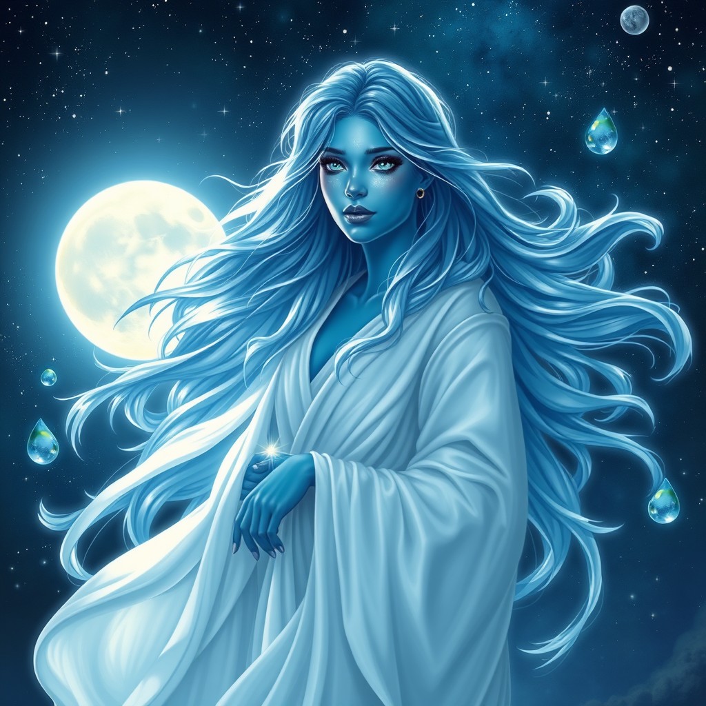 A female water genasi druid from the Circle of Stars, depicted in elegant white robes that flow like water around her