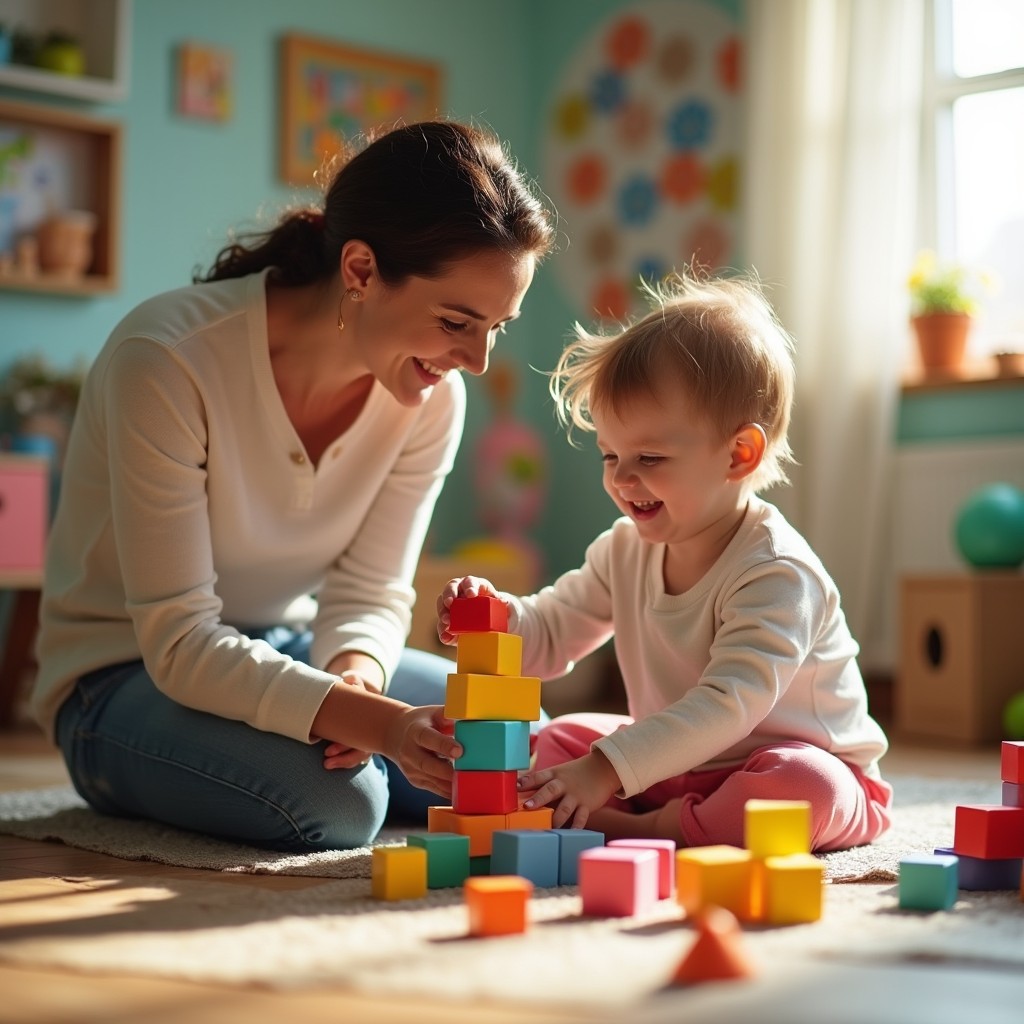 A bright and engaging scene depicting a parent interacting with a lively 2-7 year old child in a playful setting