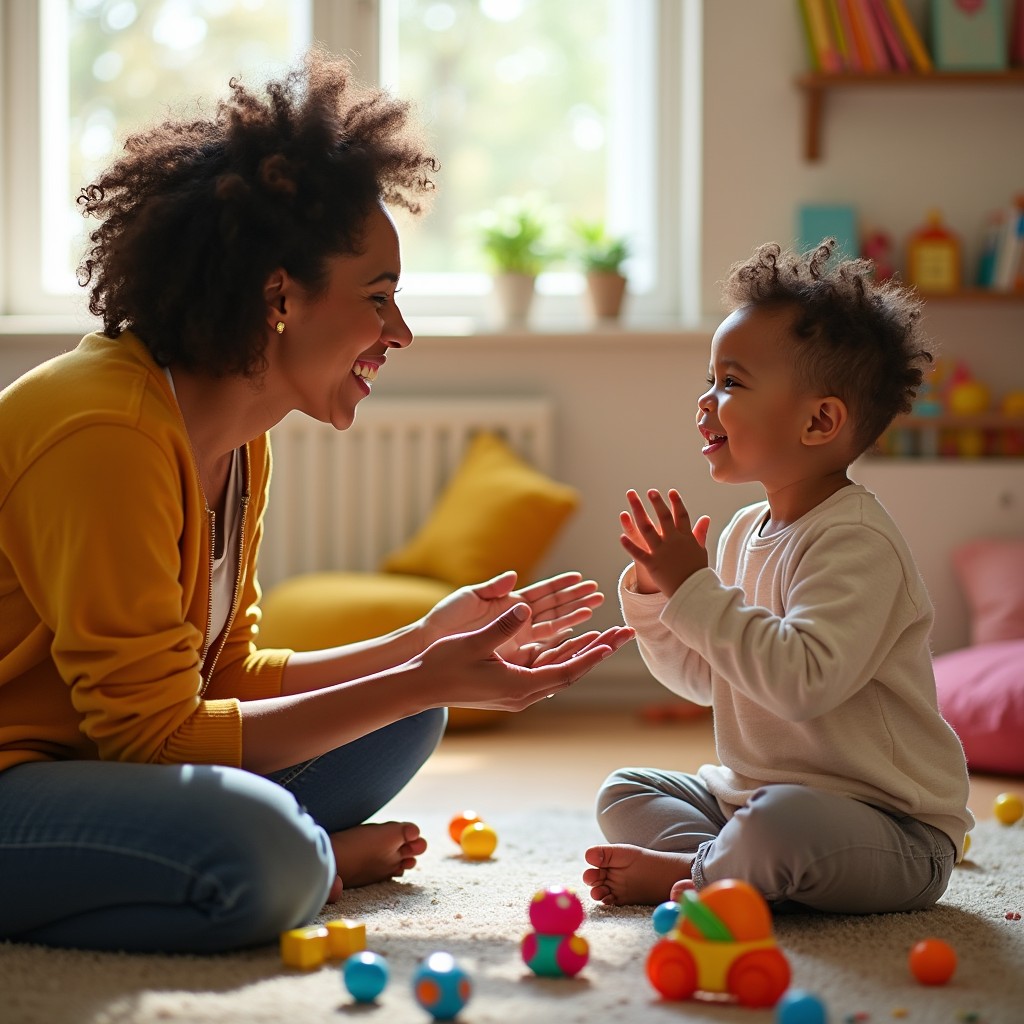 A colorful and engaging scene featuring a parent kneeling to communicate with their lively 2-7 year old child