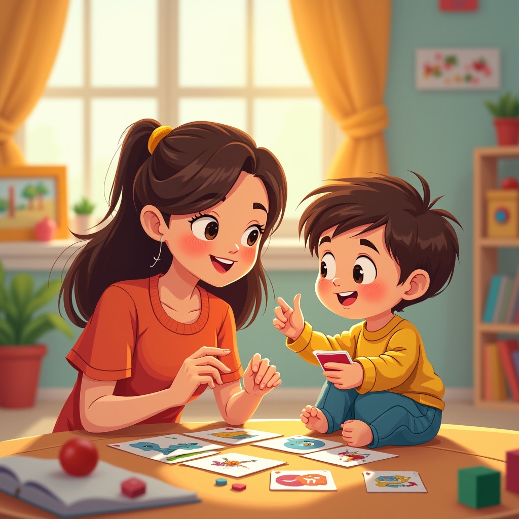An imaginative and vibrant illustration of a parent and their 2-7 year old child engaged in a playful learning moment