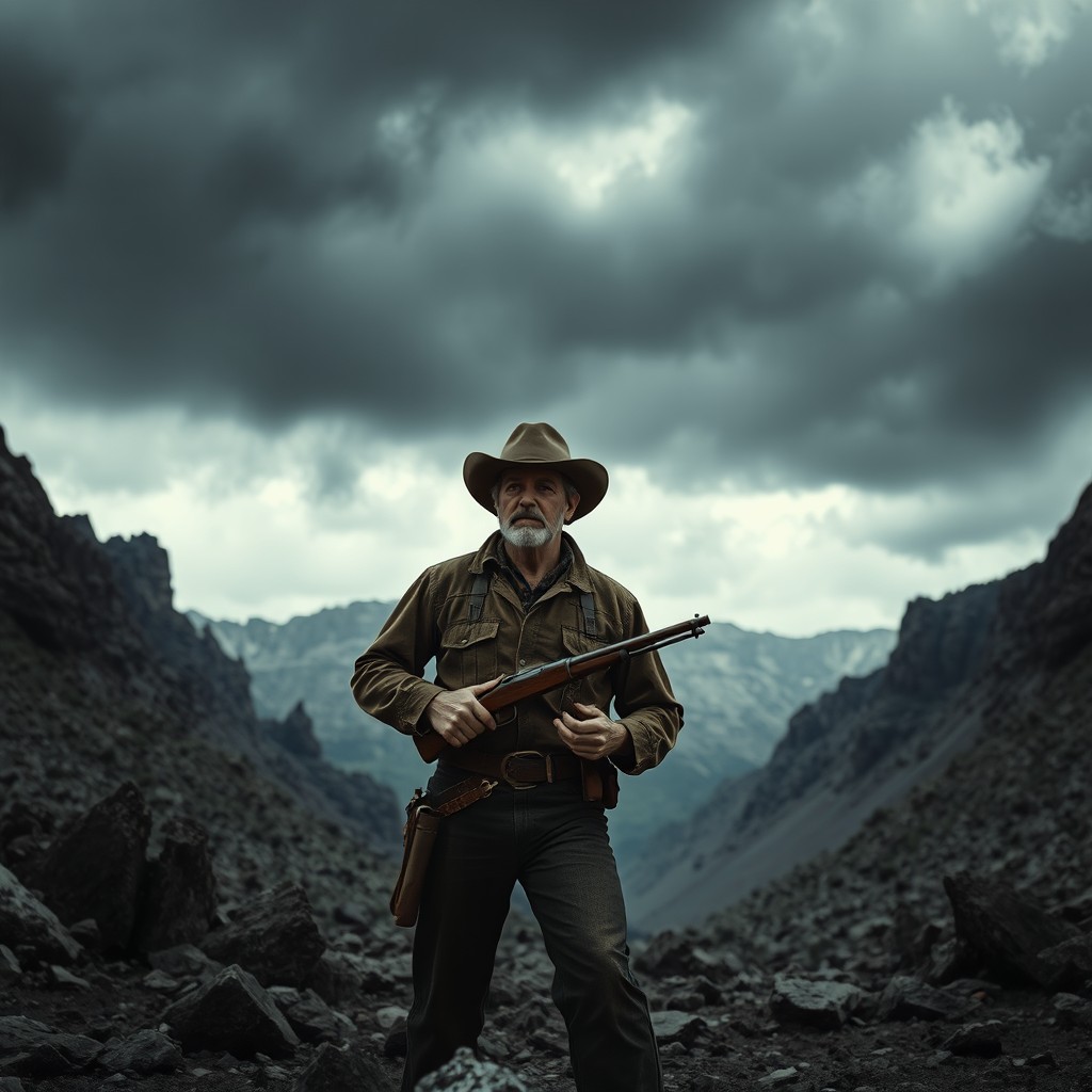A classic western scene depicting a solitary cowboy standing in a rugged mountain pass