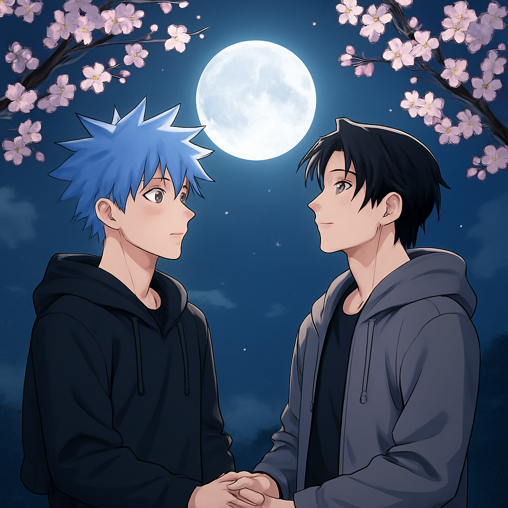 Both of these men romantically holding hands while watching the moon