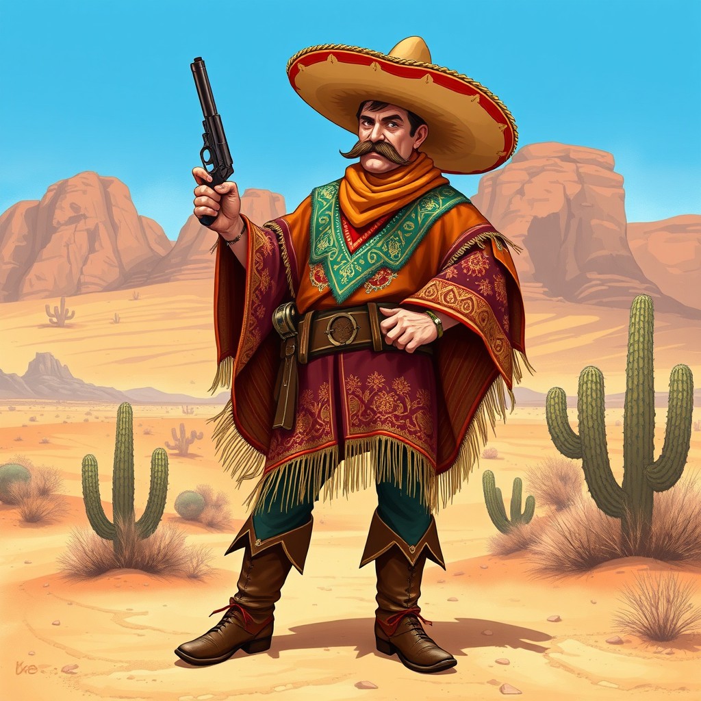 An elaborate and detailed illustration of a Mexican gunslinger from the Wild West, showcasing traditional attire including a wide-brimmed sombrero, a colorful poncho adorned with intricate patterns, and leather boots