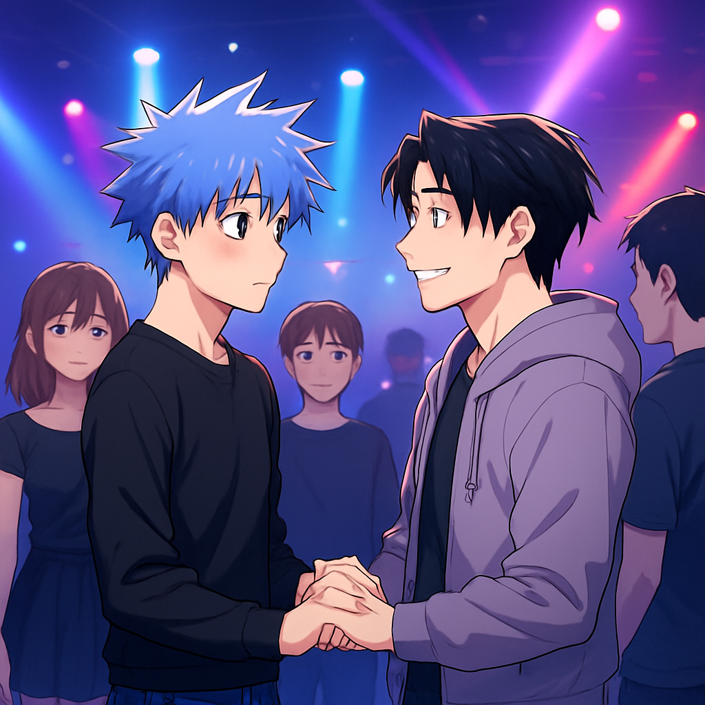 Both of these men romantically holding hands in a group with friends in a night club