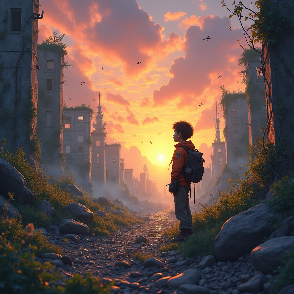 A post-apocalyptic landscape depicting the last kid on Earth standing among the ruins of a once-bustling city, where the internet and technology have vanished