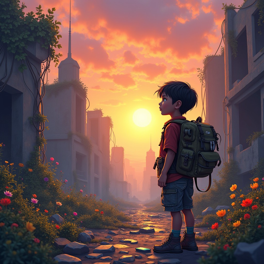 A vibrant post-apocalyptic scene of the last kid on Earth standing among the ruins of a deserted city after the internet has died