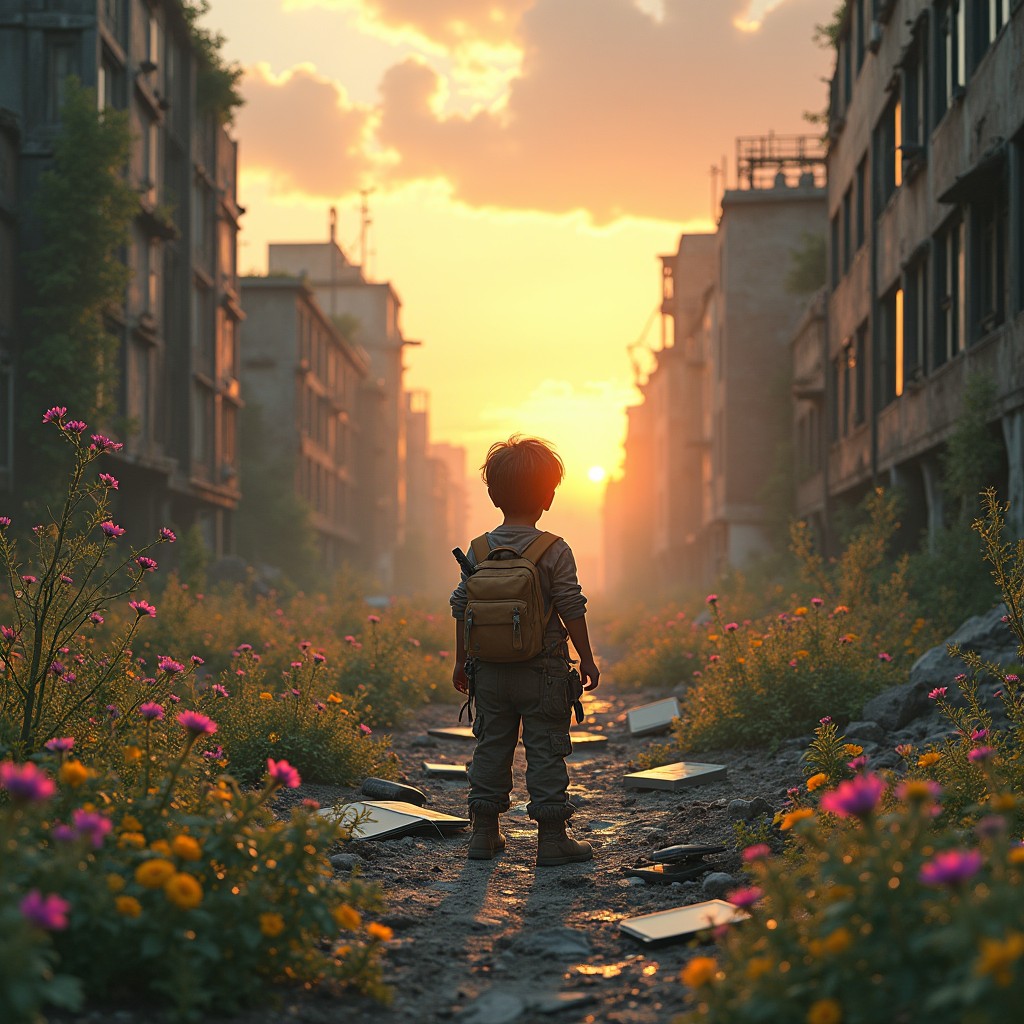 An imaginative post-apocalyptic scene featuring the last kid on Earth standing alone in the remnants of a city after the demise of the internet