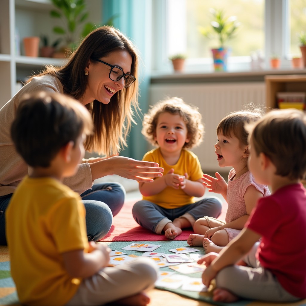An engaging educational scene depicting a warm and cozy classroom where a friendly teacher interacts with a group of diverse toddlers and preschoolers