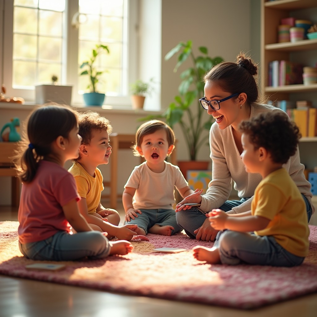 An engaging educational scene depicting a warm and cozy classroom where a friendly teacher interacts with a group of diverse toddlers and preschoolers