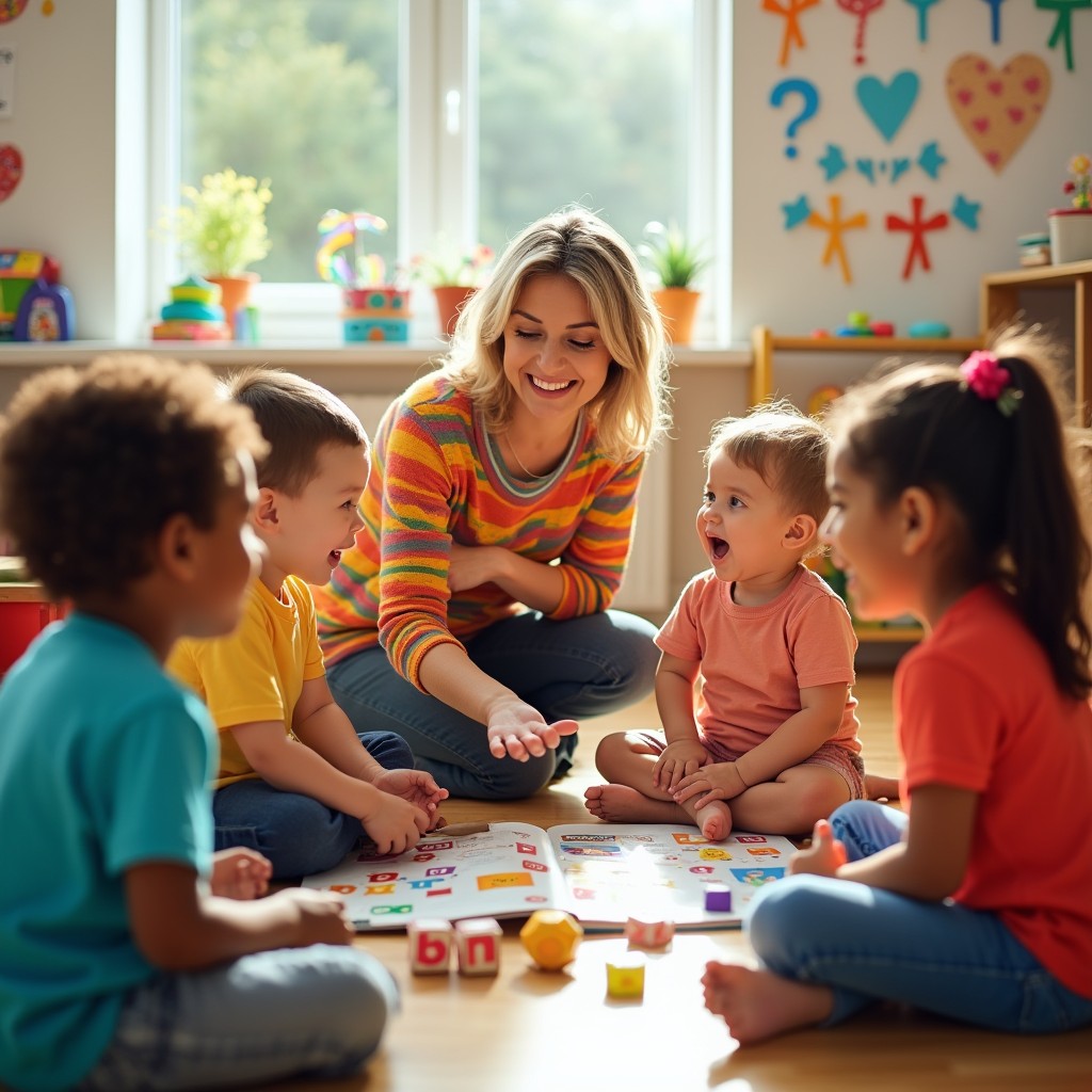 An engaging and vibrant educational scene illustrating the art of communication with toddlers and preschoolers