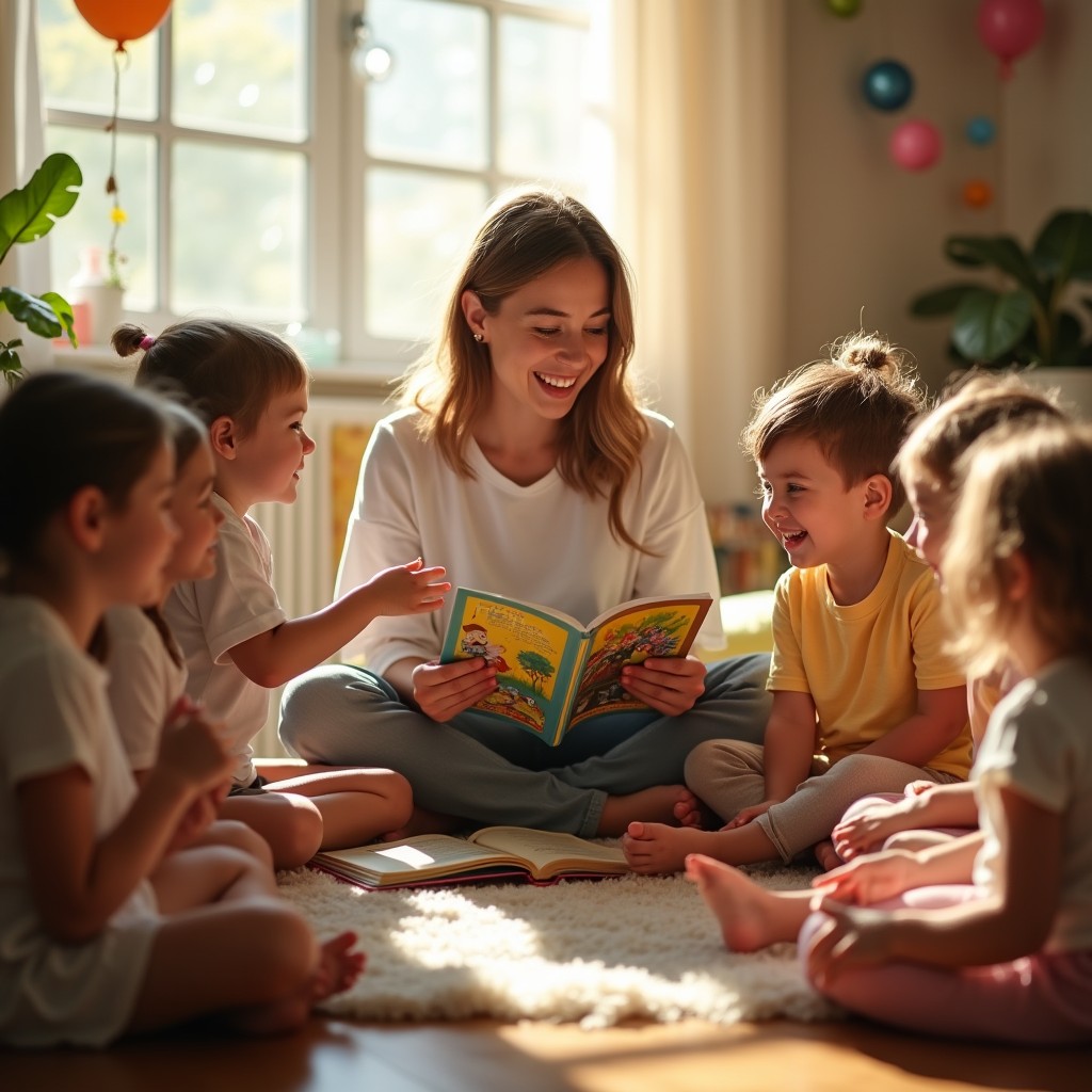 A warm, inviting scene depicting a caring adult sitting on the floor surrounded by a group of young children, all engaging in an interactive storytelling session