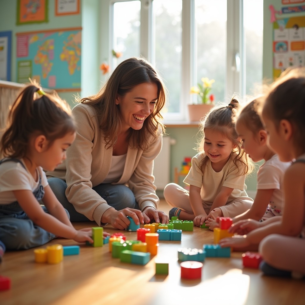 A heartwarming scene showing a nurturing adult engaging with a diverse group of young children in a bright, cheerful classroom