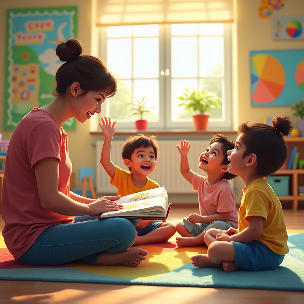A joyful scene illustrating a compassionate adult engaging with a group of diverse young children in an interactive learning setting