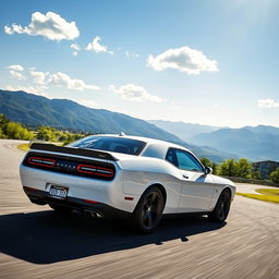 A stunning white Dodge Challenger driving on a scenic highway