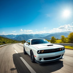 A stunning white Dodge Challenger driving on a scenic highway