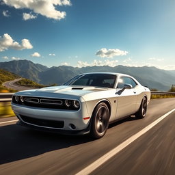 A stunning white Dodge Challenger driving on a scenic highway