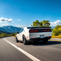 A stunning white Dodge Challenger driving on a scenic highway