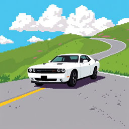 A pixel art representation of a white Dodge Challenger driving down a winding road